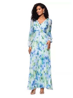 Betsy & Adam Pleated Chiffon Floral Print V-Neck Long Sleeve Gown sz 16 NWT $298
